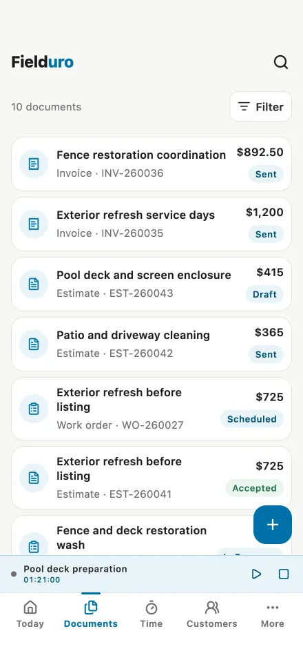 Fielduro documents screen showing estimates and invoices for service jobs