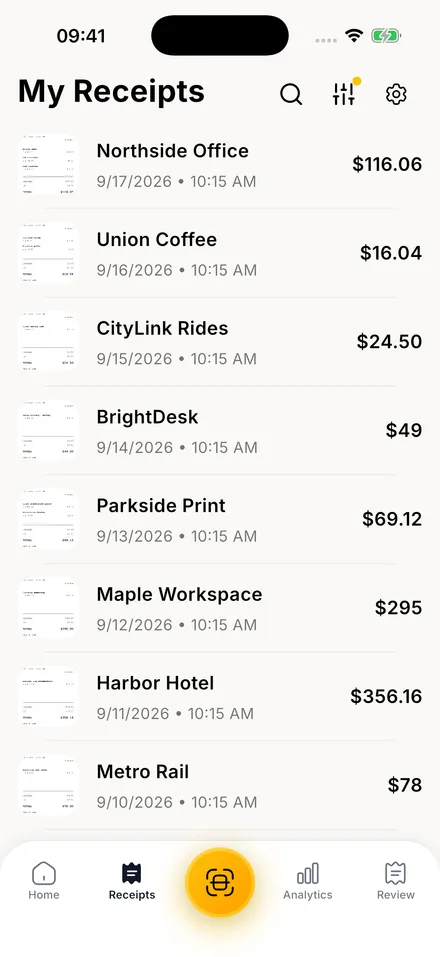 Receipto receipt library with organized merchant names, dates, and amounts