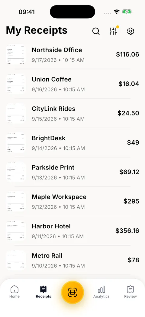 Receipto receipt library with organized merchant names, dates, and amounts
